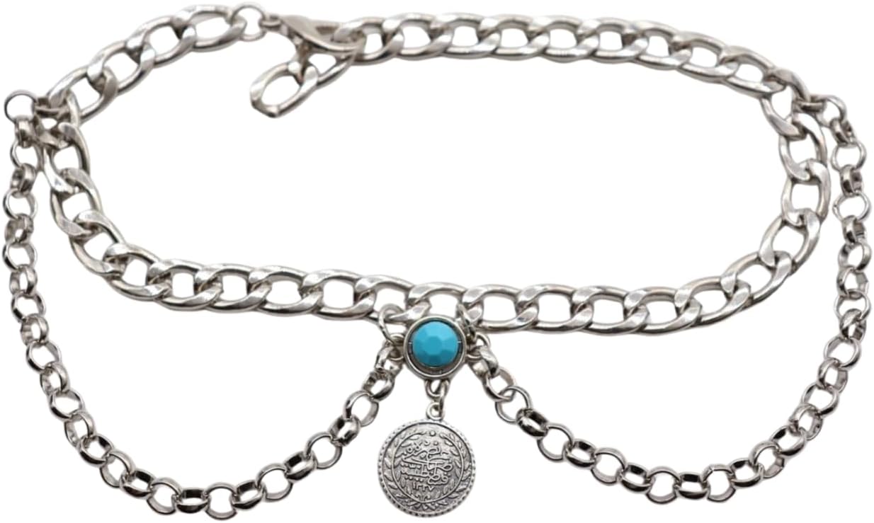 Skiennix Women's Silver Boot Chain Anklet Set - Ethnic Coin & Turquoise Beads, Adjustable 11-15 in