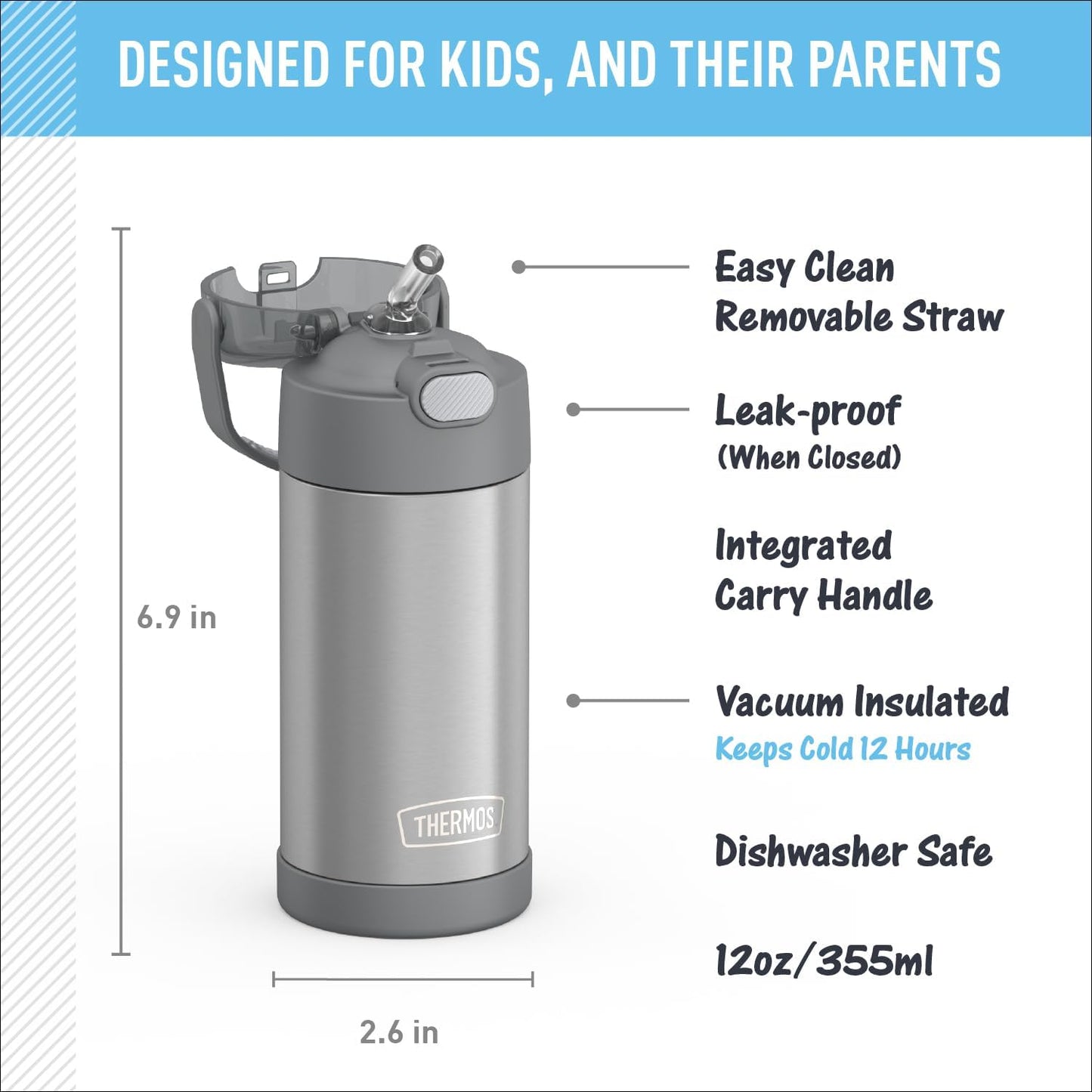 THERMOS FUNTAINER Water Bottle - 12 Ounce Kids Stainless Steel Vacuum Insulated with Straw - Grey