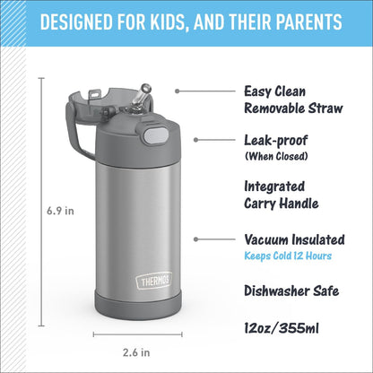 THERMOS FUNTAINER Water Bottle - 12 Ounce Kids Stainless Steel Vacuum Insulated with Straw - Grey