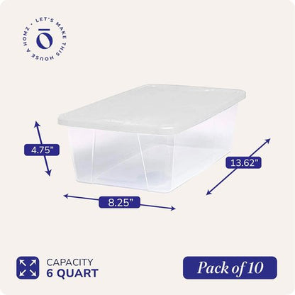 HOMZ 10-Pack Snaplock Storage Bins - Clear Plastic Organizer Containers with Lids, 6 Quart, White