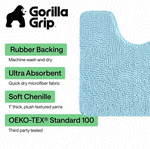 Gorilla Grip Plush Chenille Bath Rug Mat - Soft Microfiber for Oval Toilet Base, Machine Washable, Sky Color