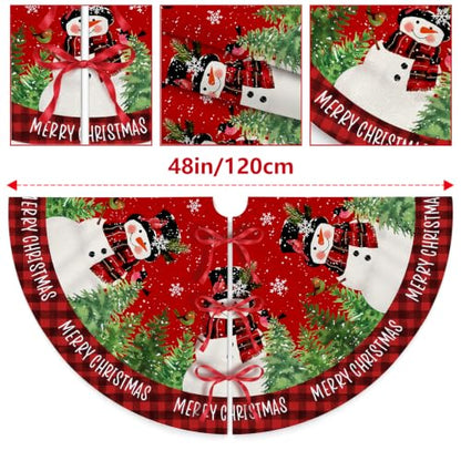 Christmas Tree Skirt 48 Inch Red Buffalo Plaid Snowman Holiday Decor