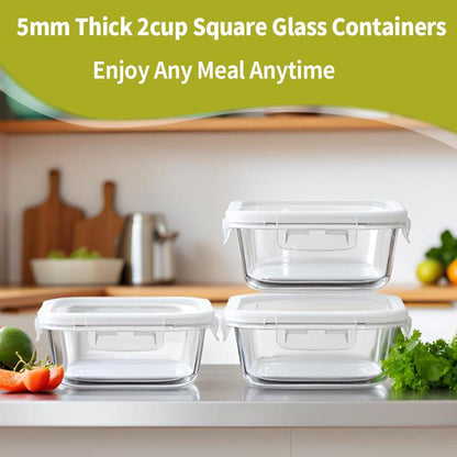 Skiennix 2-Cup Square Glass Food Storage Containers - Airtight, Leak-Proof, BPA-Free | 16oz Meal Prep Bowls