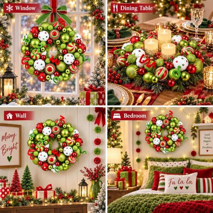 14 Inch Christmas Wreath with Red, Green & White Ornaments for Front Door