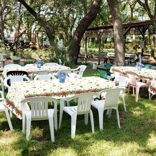 Christmas Tablecloth Holly and Pine Cone Waterproof Holiday Table Cover 108x54 Inch - 3 Pieces
