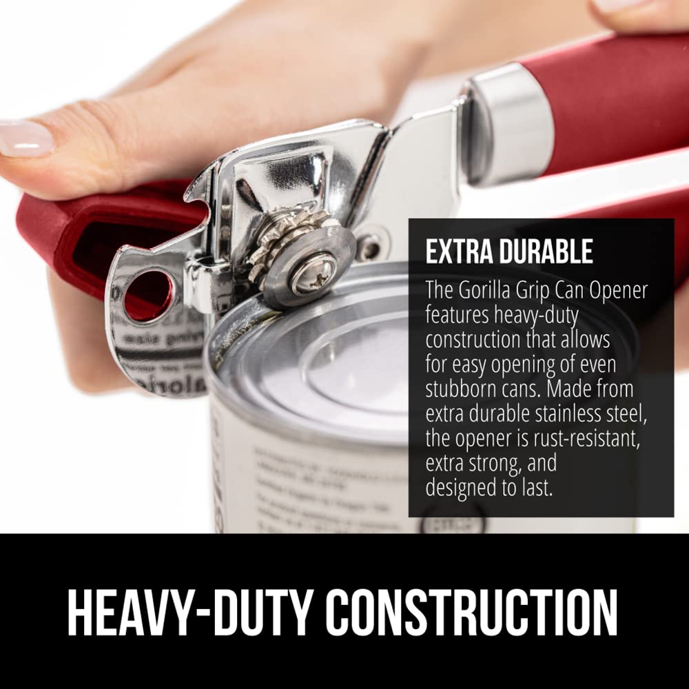 The Original Gorilla Grip Heavy Duty Stainless Steel Smooth Edge Manual Hand Held Can Opener With Soft Touch Handle, Rust Proof Oversized Handheld Easy Turn Knob, Large Lid Openers, Red