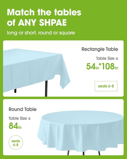 Pureegg Disposable Plastic Tablecloths - 8 Pack, 54 x 108 Inch, Leakproof & Sturdy, Baby Blue for Parties & Events
