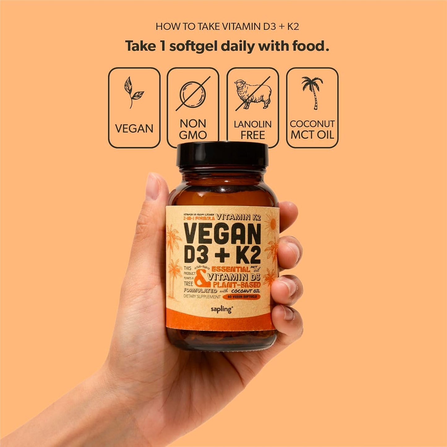 Sapling Vegan Vitamin D3 + K2 Supplement - 4000 IU Vitamin D & 100mcg K2 for Bone Health | 60 Softgels
