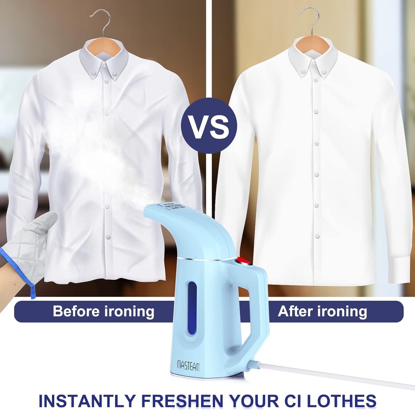 Skiennix Handheld Clothes Steamer - Fast Heat-Up in 40 Seconds | Lightweight 1.5lbs, 800W, 8FT Cord, Blue