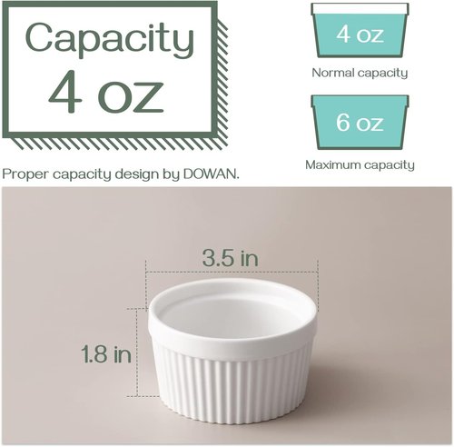 DOWAN 4 Oz Ramekins - Oven Safe Porcelain Bowls for Crème Brûlée & Soufflé | Set of 6, Classic White