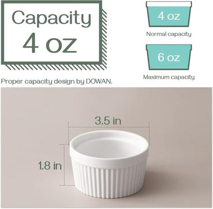 DOWAN 4 Oz Ramekins - Oven Safe Porcelain Bowls for Crème Brûlée & Soufflé | Set of 6, Classic White