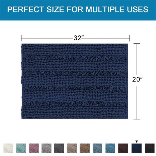 H.VERSAILTEX Bath Rugs for Bathroom Non Slip Bath Mats Extra Thick Chenille Striped Rug 20" x 32" Absorbent Non Skid Fluffy Soft Shaggy Washable Dry Fast Plush Mat for Indoor, Bath Room, Tub - Navy