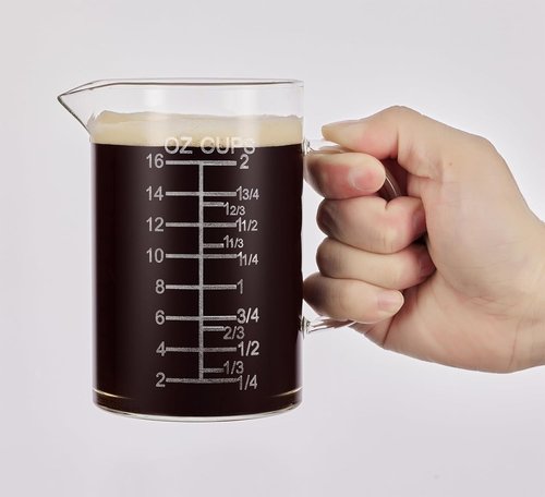 Ackers Etched Glass Measuring Cup - Insulated Handle & V-Shaped Spout - 500 ML (16 Oz, 2 Cup)