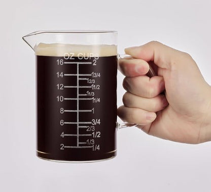Ackers Etched Glass Measuring Cup - Insulated Handle & V-Shaped Spout - 500 ML (16 Oz, 2 Cup)