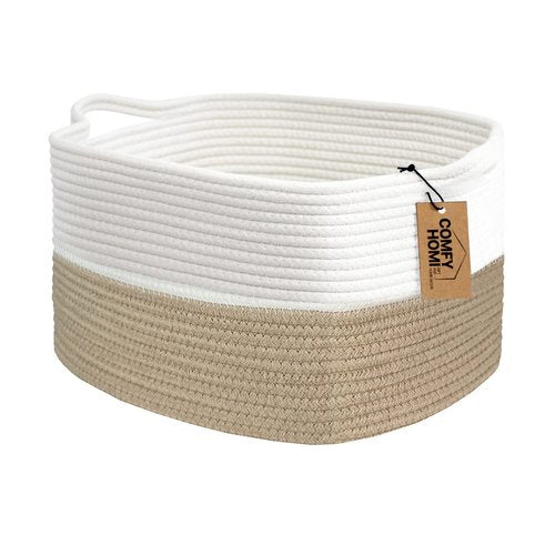 Comfy-Homi Cotton Rope Woven Storage Basket - Stylish Toy Organizer with Handles | 13.5"x11"x9.5" - Light Brown