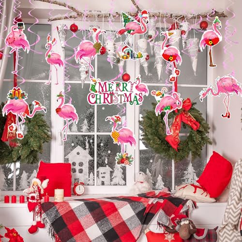 Christmas Hanging Swirl Decorations Pink Flamingo 24Pcs Holiday Ornaments