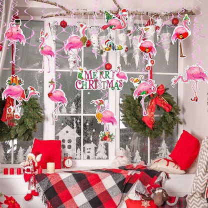 Christmas Hanging Swirl Decorations Pink Flamingo 24Pcs Holiday Ornaments