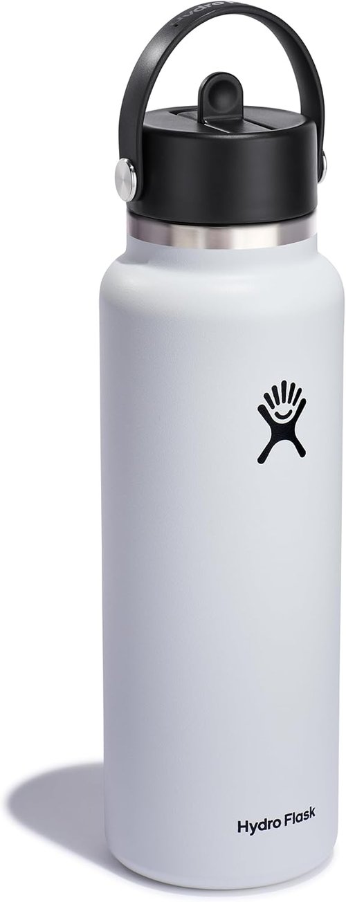 Hydro Flask Water Bottle - Insulated Stainless Steel - 40 Oz White with Wide Straw Lid & Leakproof Design