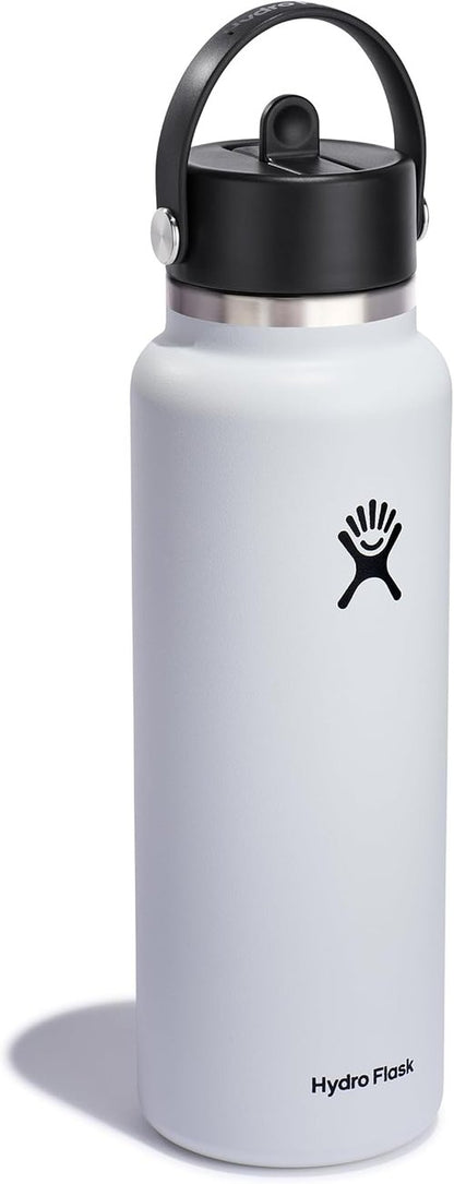 Hydro Flask Water Bottle - Insulated Stainless Steel - 40 Oz White with Wide Straw Lid & Leakproof Design