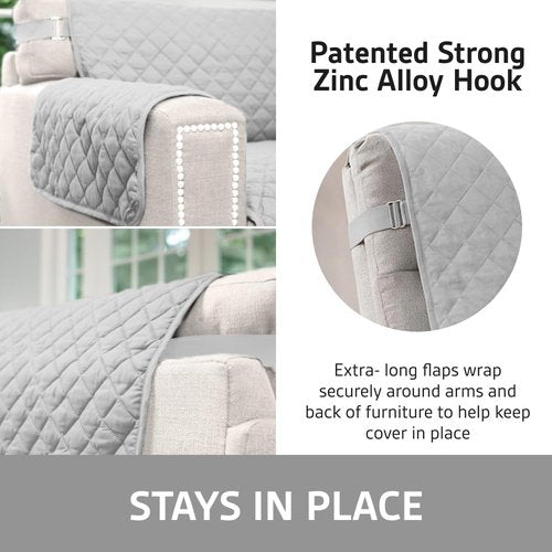 Sofa Shield 100% Waterproof Couch Cover, Patented Slip and Stain Resistant Cushion Protector Straps, US Designed Machine Washable Pet & Dogs Friendly Sofas Slipcover, 70 inch Seat, Light Gray