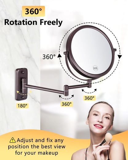 DECLUTTR 8 Inch Wall Mounted Magnifying Mirror with 10x Magnification, Double Sided Vanity Makeup Mirror for Bathroom, Brown