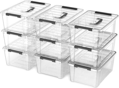 Clear 9-Pack Plastic Storage Bins - Stackable 6 Quart Containers with Lids & Latch Buckle