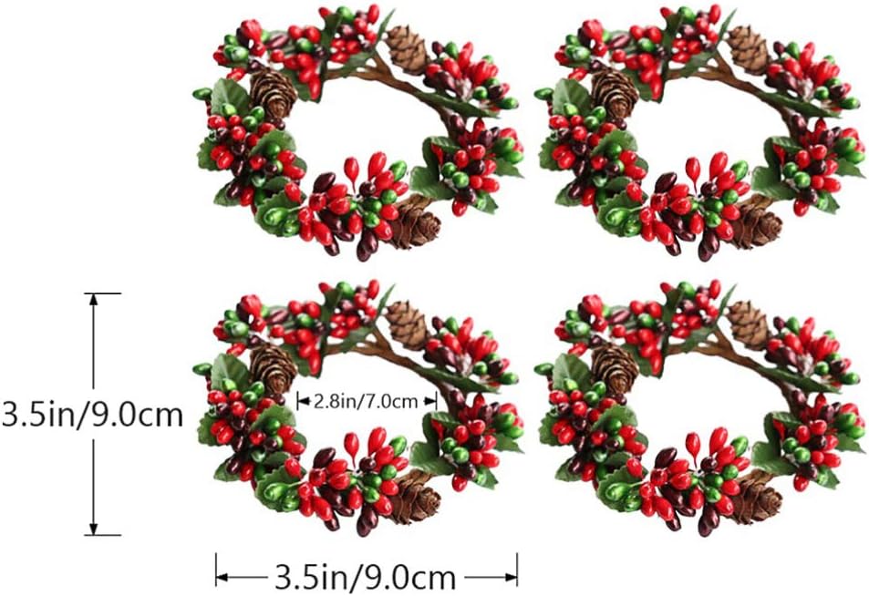 PRETYZOOM Christmas Candle Rings - 4Pcs Artificial Berry Mini Wreaths for Pillar Candles | Rustic Holiday Decor