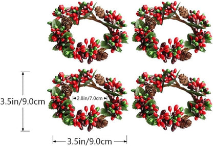 PRETYZOOM Christmas Candle Rings - 4Pcs Artificial Berry Mini Wreaths for Pillar Candles | Rustic Holiday Decor