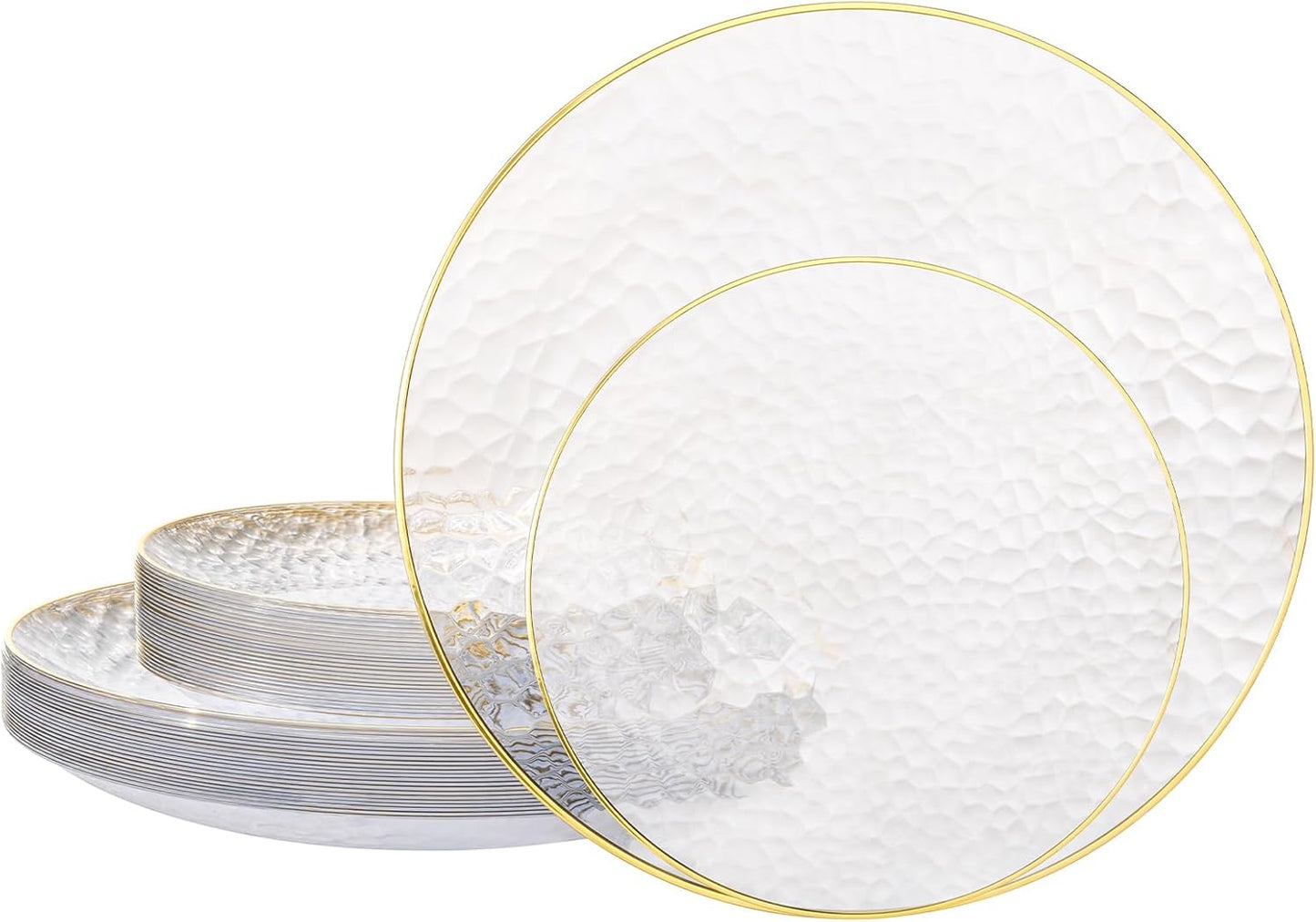 Regine Switzerland Crystal Clear Plastic Plates - Elegant Gold Rim Disposable Dinnerware Set | 50 Pcs (25 Dinner & 25 Salad Plates) for Parties & Weddings