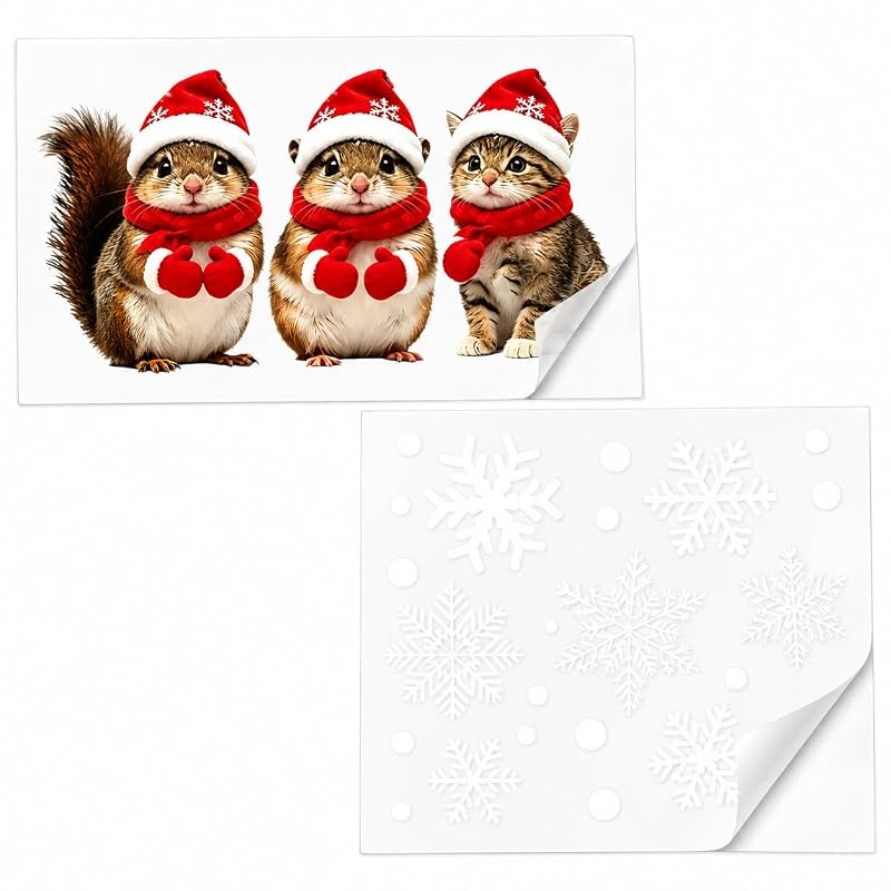 Christmas Window Cling Squirrel and Feline Static Decal - Variation C