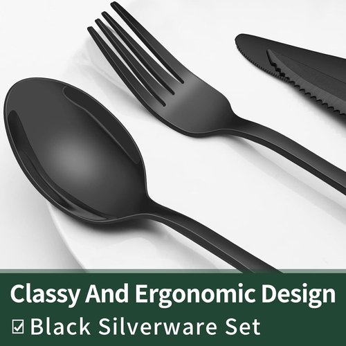 EWFEN 24-Piece Black Silverware Set - Food-Grade Stainless Steel Flatware for 4 with Steak Knives