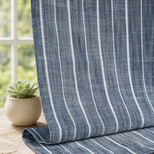 Hygge Navy Striped Tier Kitchen Curtains 26W x 36L, Set of 2