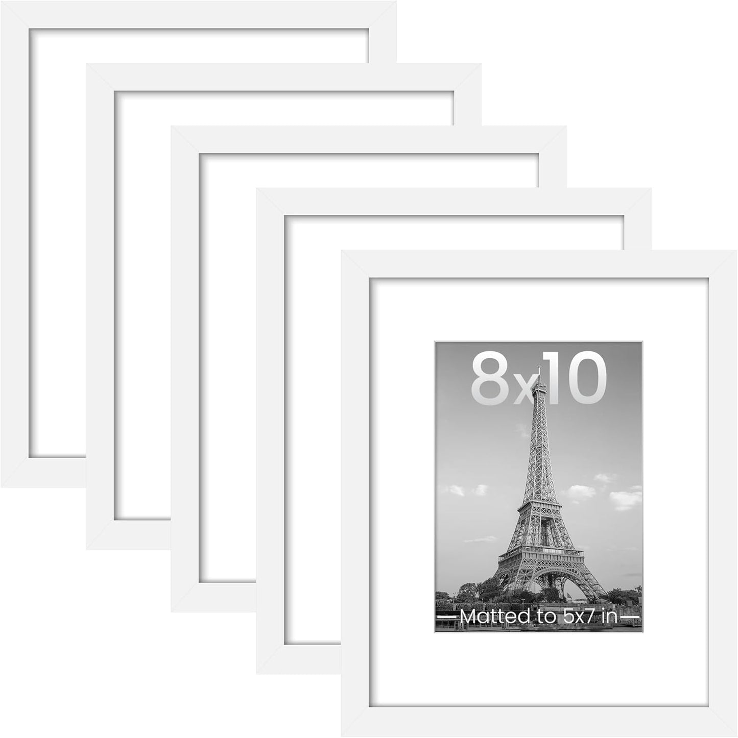 Upsimples 8x10 Picture Frame Set of 5 - Versatile Wall Gallery Frames for 5x7 or 8x10 Photos | White