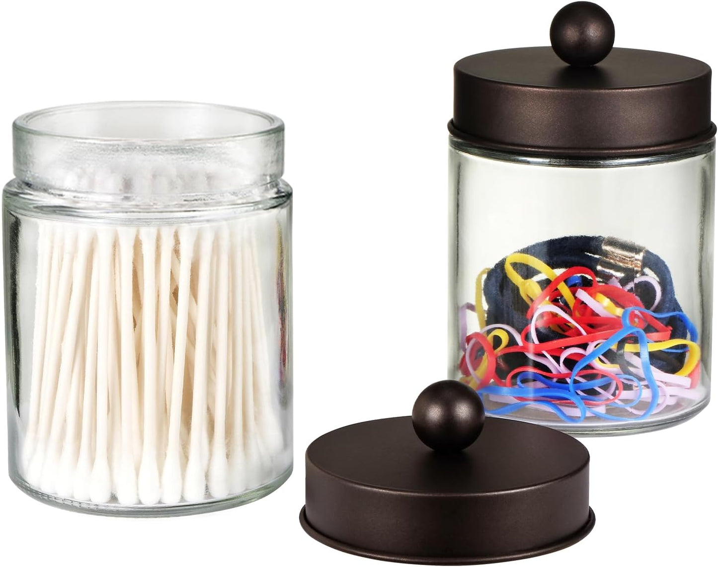 SheeChung Qtip Dispenser Holder Set - 4 Glass Apothecary Jars with Bronze Lids | Bathroom Storage Organizer