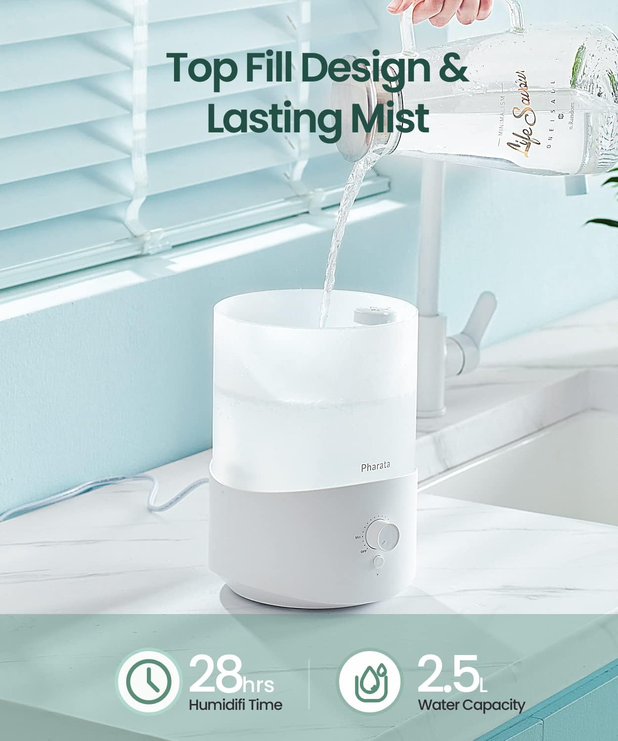 Pharata Humidifier - 2.5L Cool Mist Essential Oil Diffuser for Large Rooms | Auto Shut-Off & Top Fill Design