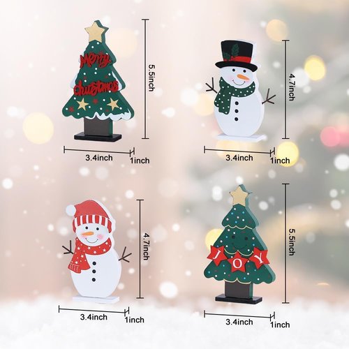 DECSPAS Christmas Decorations - 4 PCS Wooden Christmas Trees & Snowmen for Festive Table Centerpieces | Winter Home Decor