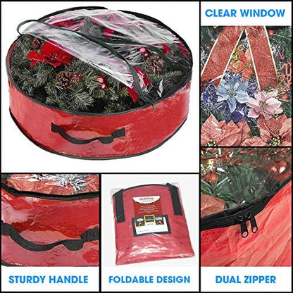 Propik Christmas Wreath Storage Bag - Tear-Resistant Holiday Container with Clear Window | 36" X 36" X 8" (Red)