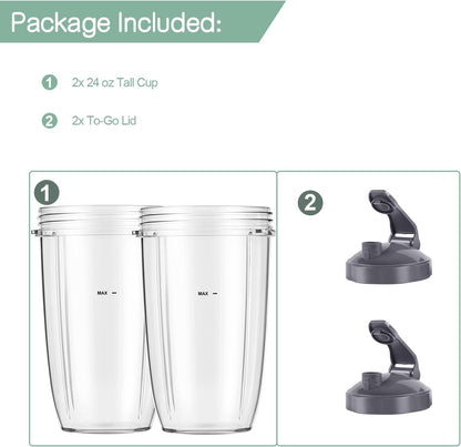 NutriBullet Blender Cups - 24oz To-Go Cups with Flip-Top Lids | Replacement Parts for 600W & 900W