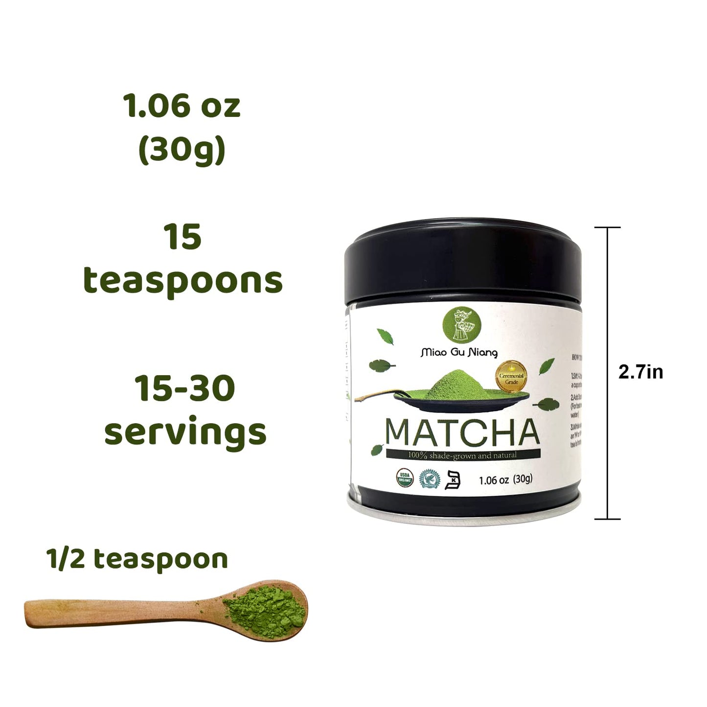 Miao Gu Niang Ceremonial Grade Organic Matcha Green Tea Powder 30g, Authentic China First Harvest Ceremonial Grade Matcha Green Tea Powder - 1.06oz (Ceremonial Grad)