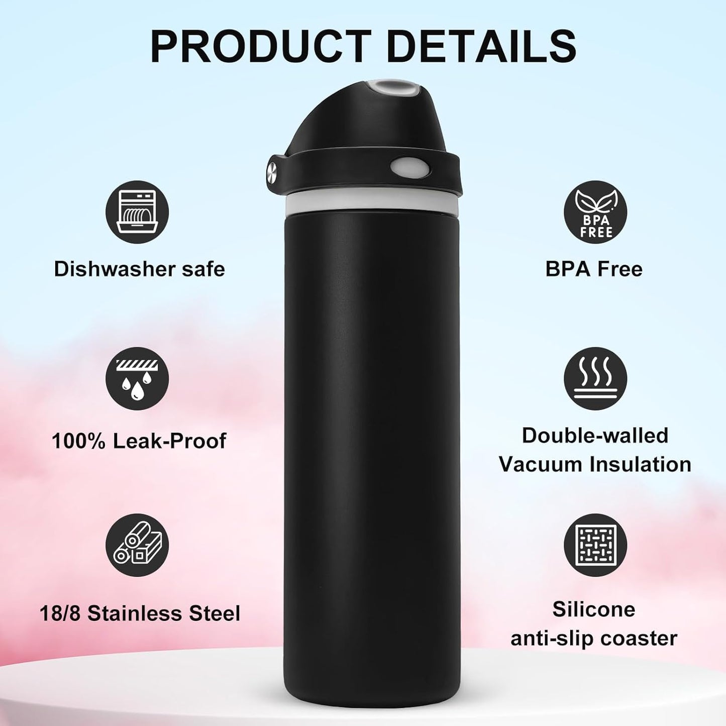 Skiennix 24 oz Insulated Water Bottle - Stainless Steel, Leak-Proof Design, One-Touch Flip Lid, Black