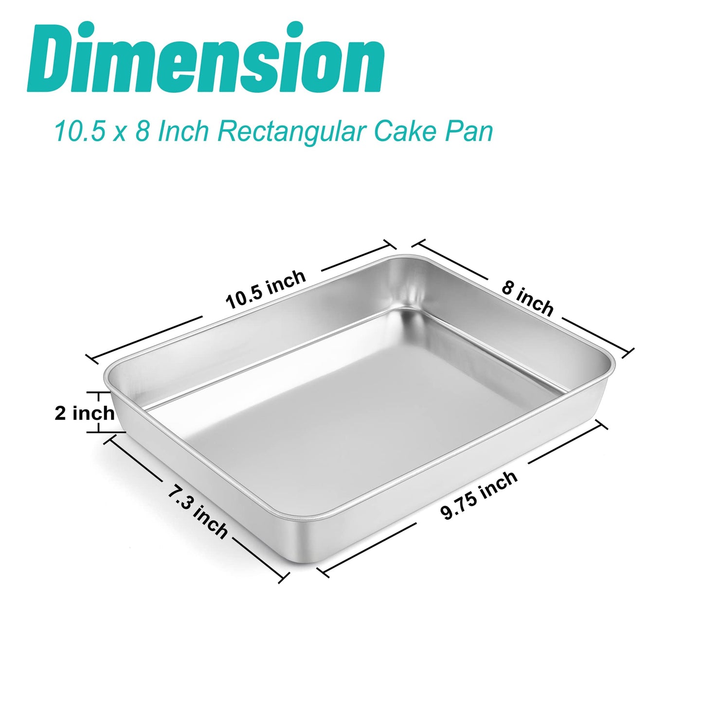 TeamFar Rectangular Cake Pan, 10.5’’ x 8’’ x 2’’ Stainless Steel BakingLasagna Cake Pan, Non-Toxic & Heavy Duty, Brushed Surface & Deep Side, Easy Clean & Dishwasher Safe - 4 PCS