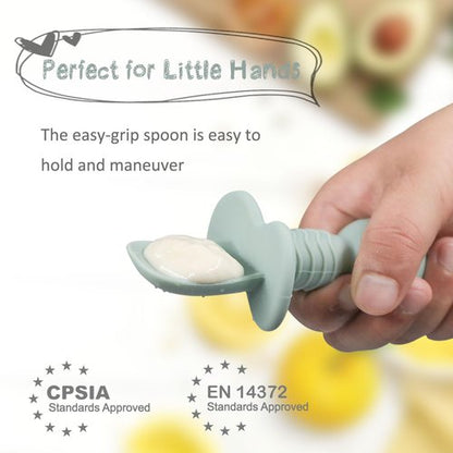 Ginbear Platinum Silicone Baby Spoons Self Feeding 6 Months First Stage, Non Toxic Infants Led Weaning Utensils for Training, Soft BLW Supplies Pack of 4 (Hazy Green/Pink)