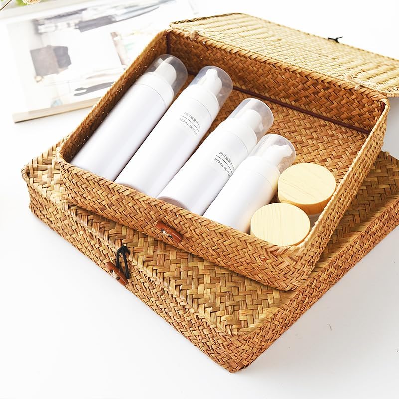 Seagrass Storage Baskets - Decorative Wicker Baskets with Lid for Organized Shelving | Shallow Design