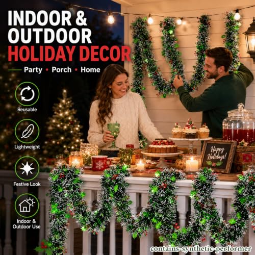 Rainflow 5 Pack Christmas Tinsel Garland - Green & Red Metallic Holiday Decor