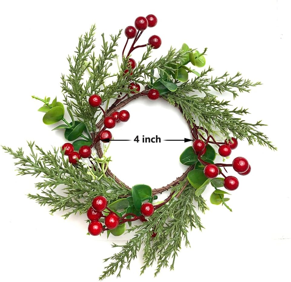 Skiennix Christmas Candle Rings - 4 Inch Artificial Red Berries & Pine Needles Wreaths | Rustic Holiday Decor