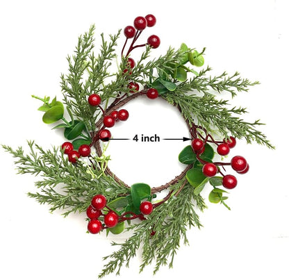 Skiennix Christmas Candle Rings - 4 Inch Artificial Red Berries & Pine Needles Wreaths | Rustic Holiday Decor
