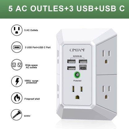 QINLIANF Wall Charger - 5 Outlet Surge Protector with 4 USB Ports | 3-Sided 1680J Power Strip for Home & Office