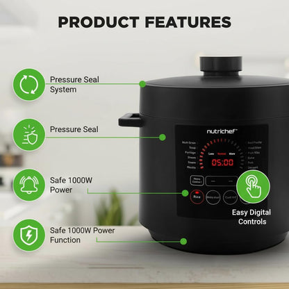 NutriChef Electric Pressure Cooker - 6 Quart Capacity | 9-in-1 Digital Multi-Cooker | Adjustable Time & Temperature | Black Finish