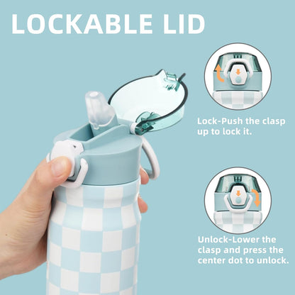 Skiennix Insulated Water Bottle - 18 oz Stainless Steel Flask with Straw & Carry Loop | Blue White Plaid
