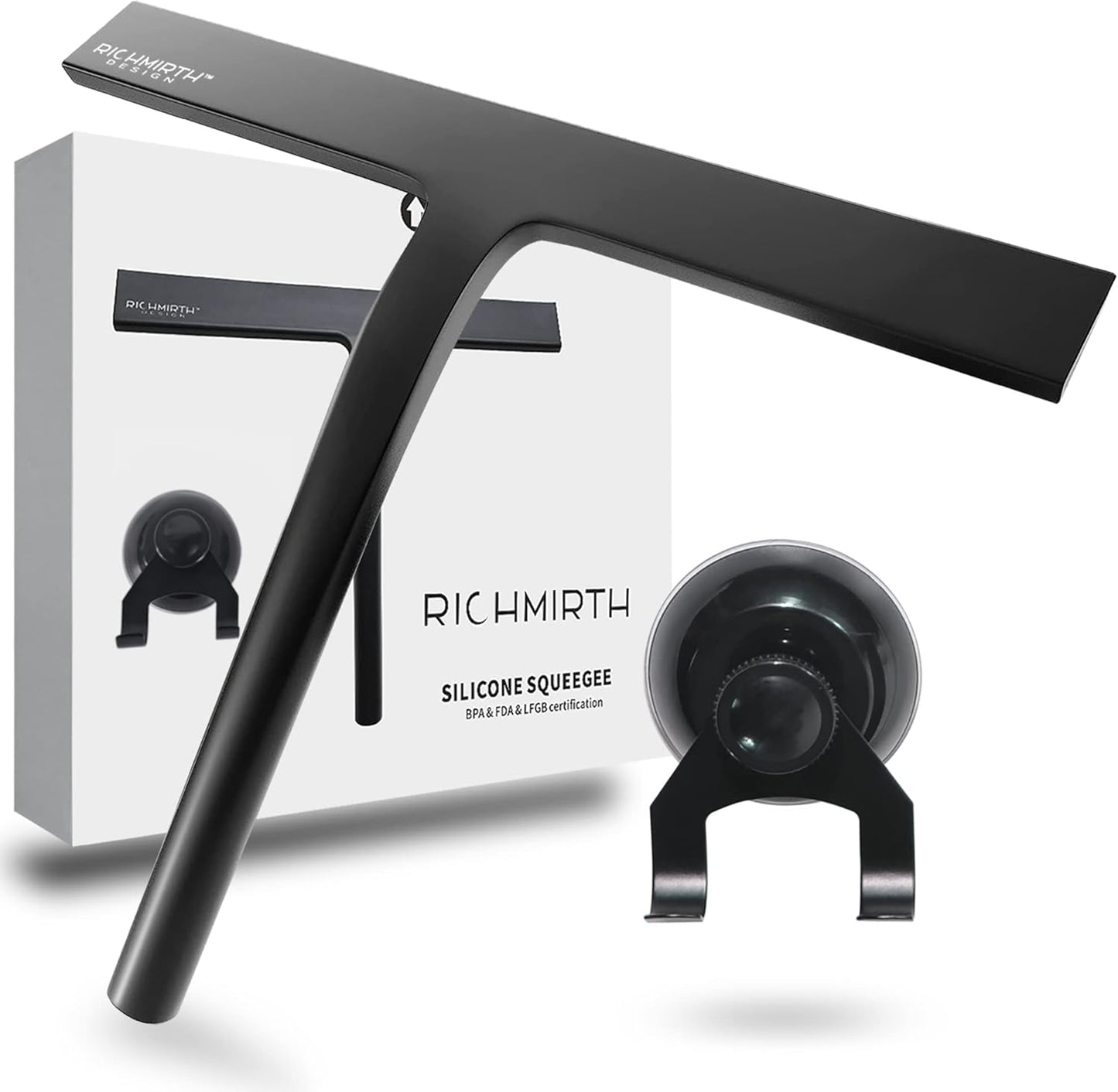 Shower Squeegee - 10-Inch All-Purpose Glass & Tile Cleaner with Suction Cup Hooks | Black